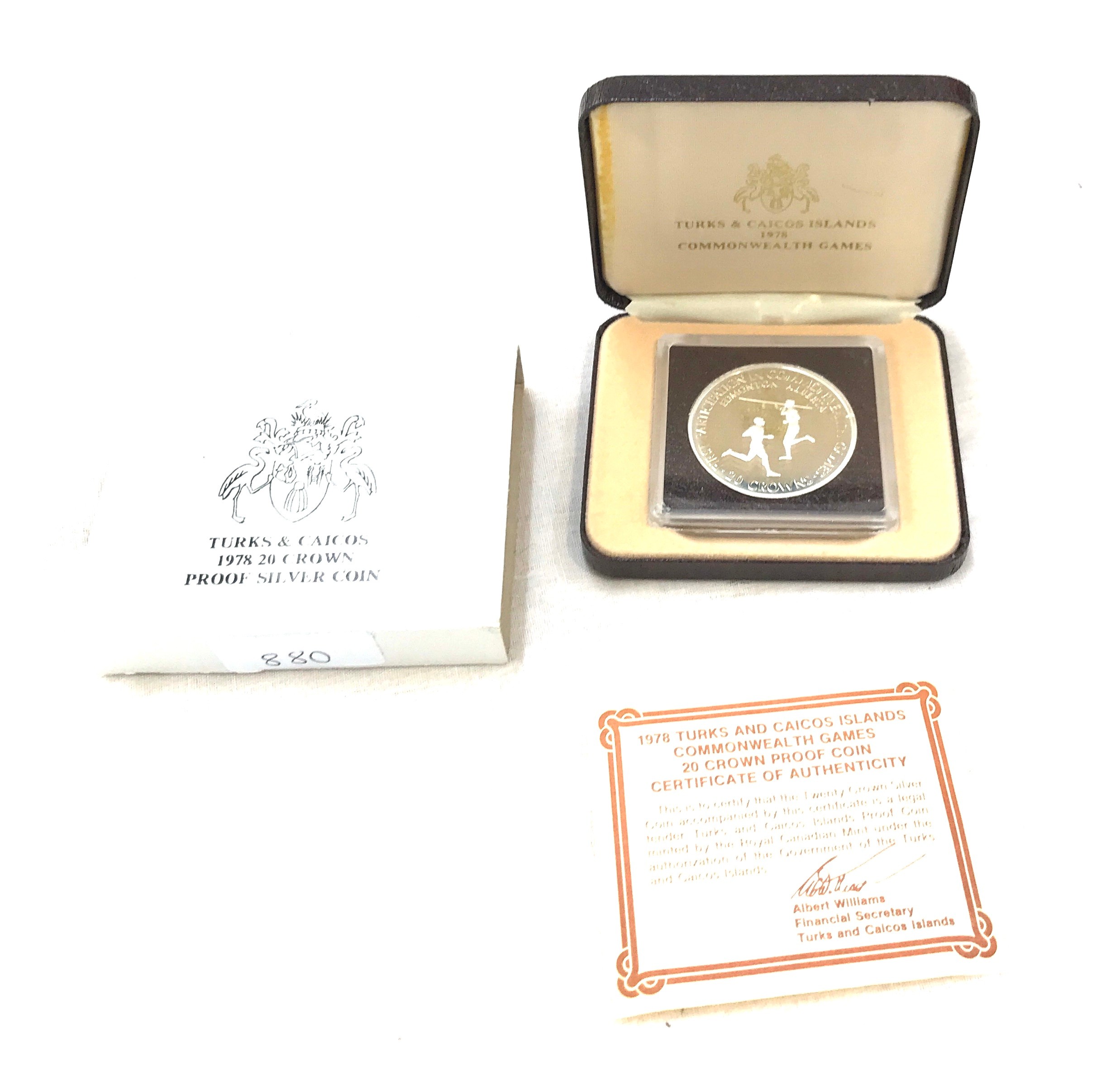 Cased 1978 Turks and Caicos Islands commonwealth games 20 crown silver proof coin with COA