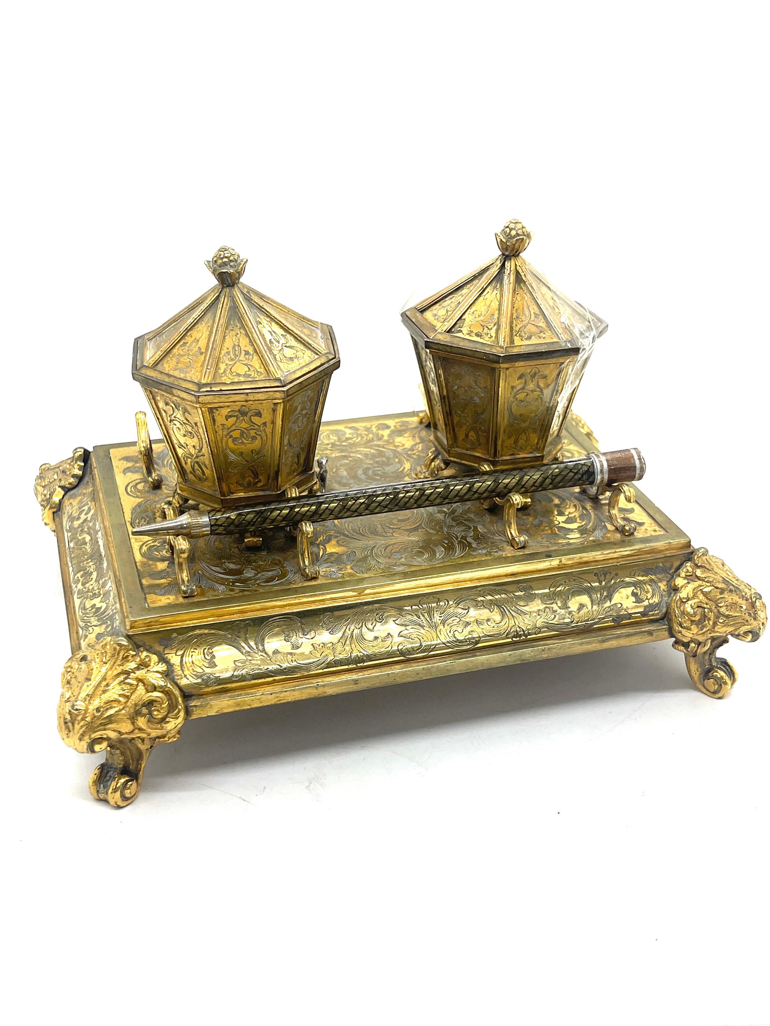 Brass inkwell and pen, inkwell needs new hinge