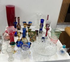 Selection of normal and coloured glassware to include vases, bowls etc