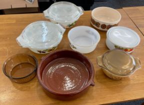 Selection vintage and later cooking dishes to include pirex, porcelain etc