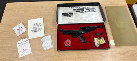 Webley Hurricane .22 air pistol complete with its original box, allen key, scope rail adaptor, boxed