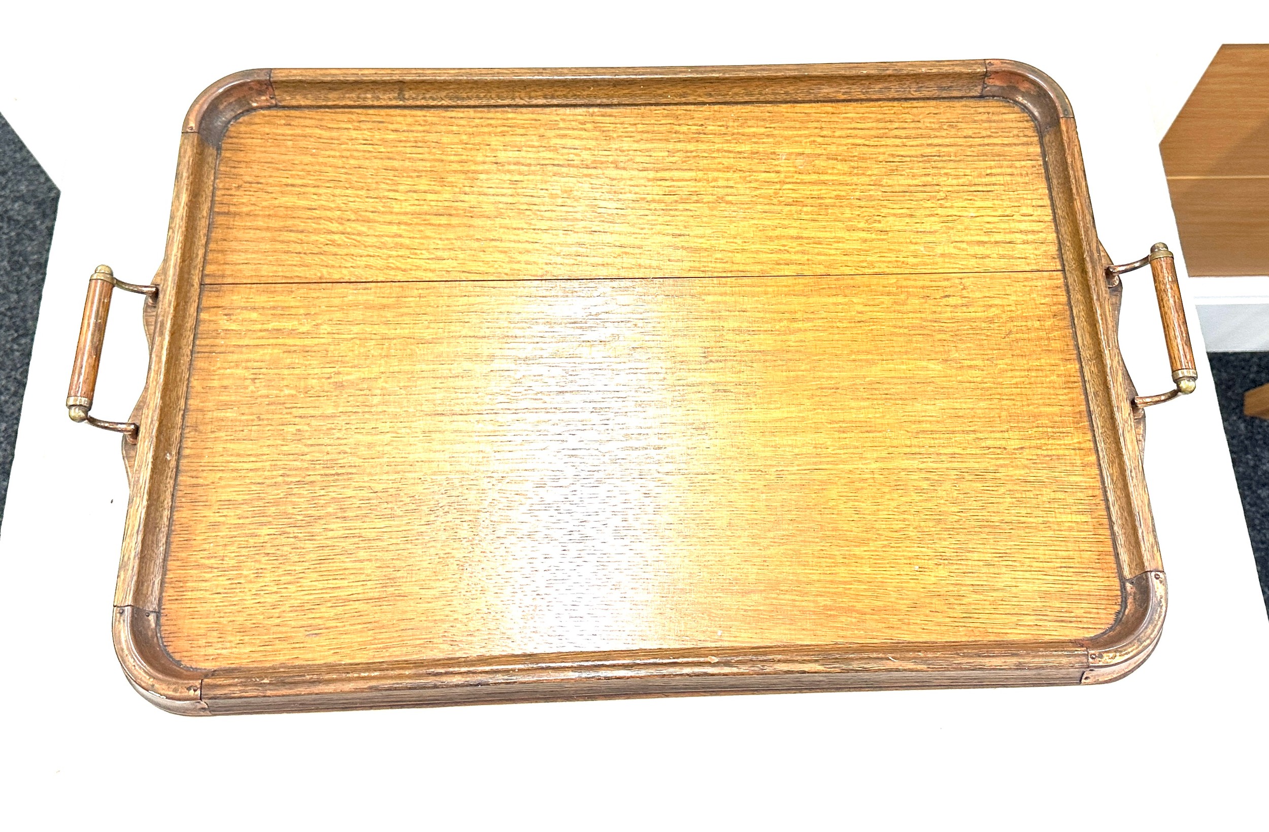 Antique 2 handled copper bound serving tray 23 inches wide by 16.5 inches