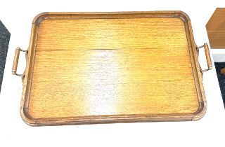 Antique 2 handled copper bound serving tray 23 inches wide by 16.5 inches