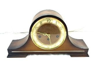 Vintage three key mantel clock with key measures approx 9 inches tall by 17 inches wide, untested