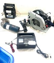Job lot of power tools includes circular saw, grinder, sander and 2 battery chargers
