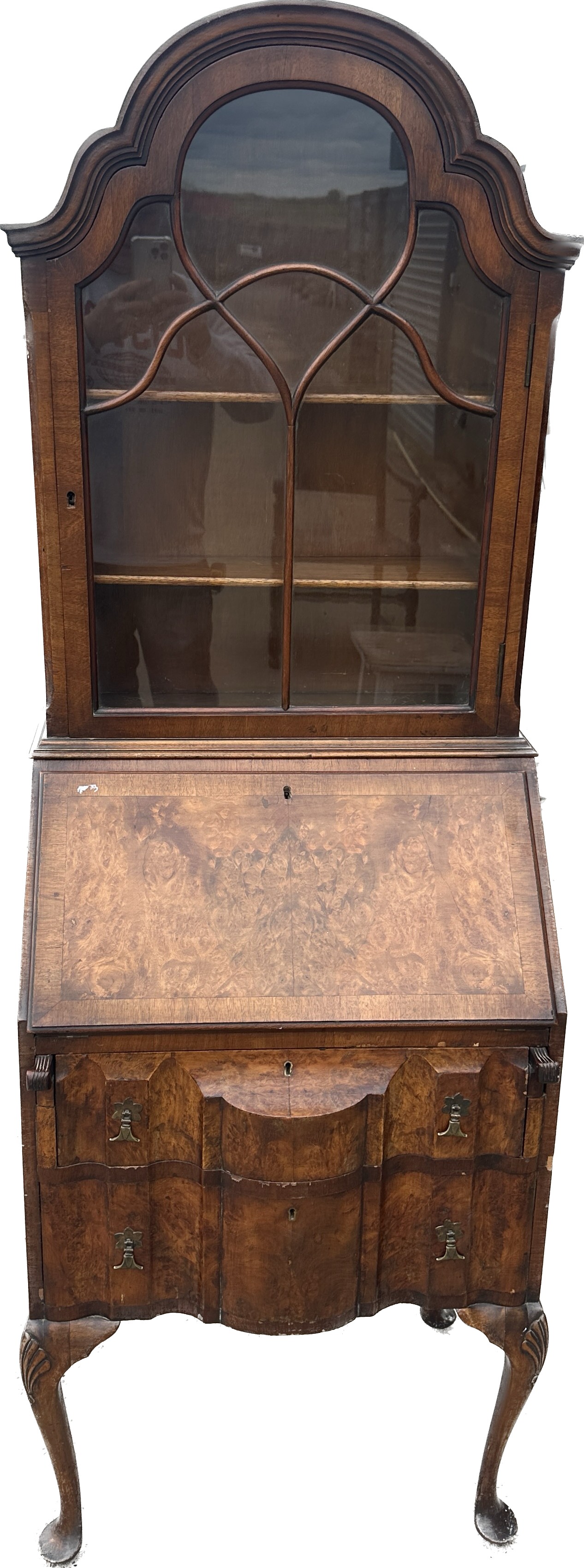 Antique walnut bureau bookcase measures approx 71 inches tall, 25 wide and 18 deep