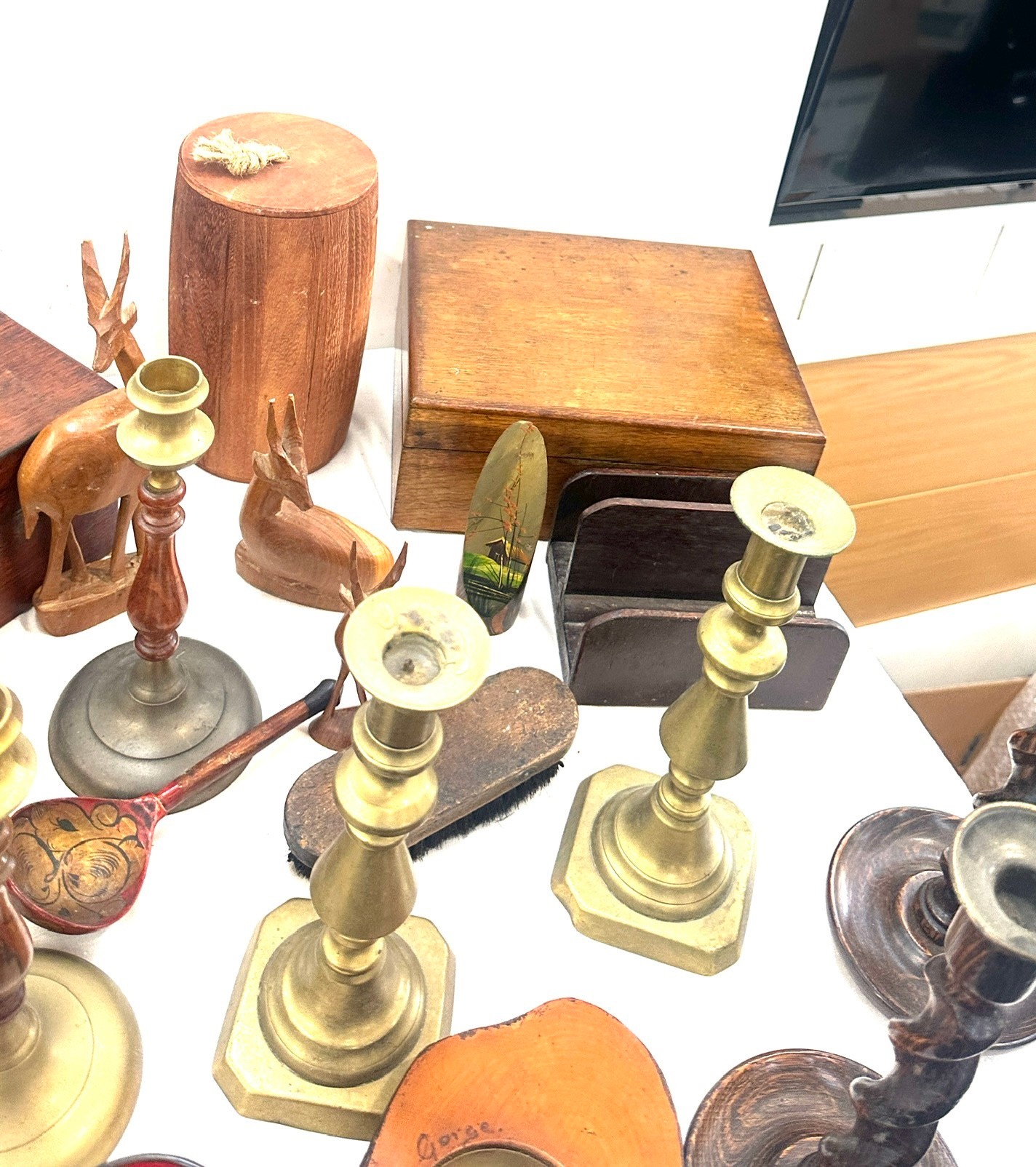Selection of items to include wooden, brass candle tickets, writing box, selection wooden - Image 3 of 5