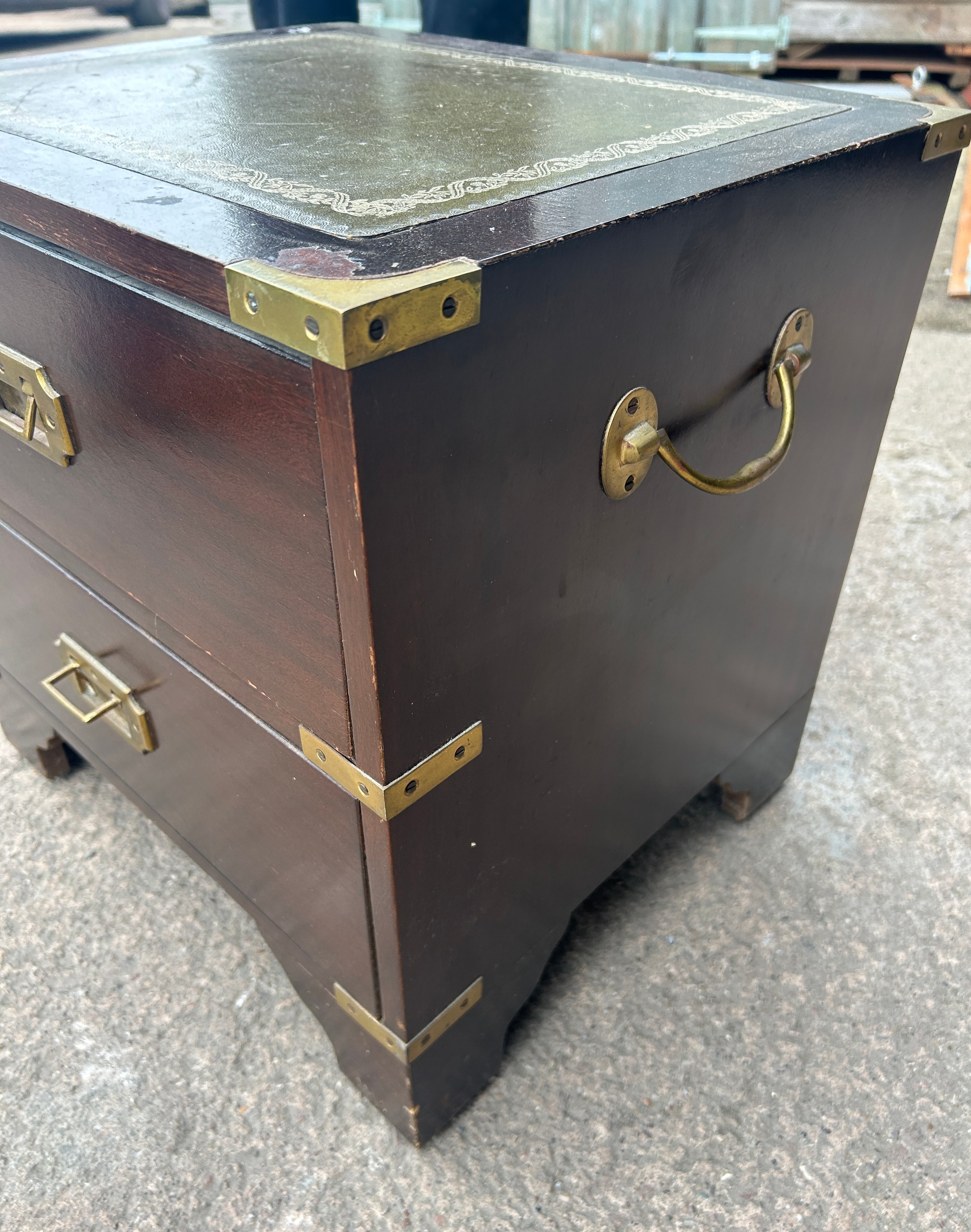 leather topped two drawer campaign chest measures approx 18 inches tall, 18 wide, 15 deep - Image 3 of 3