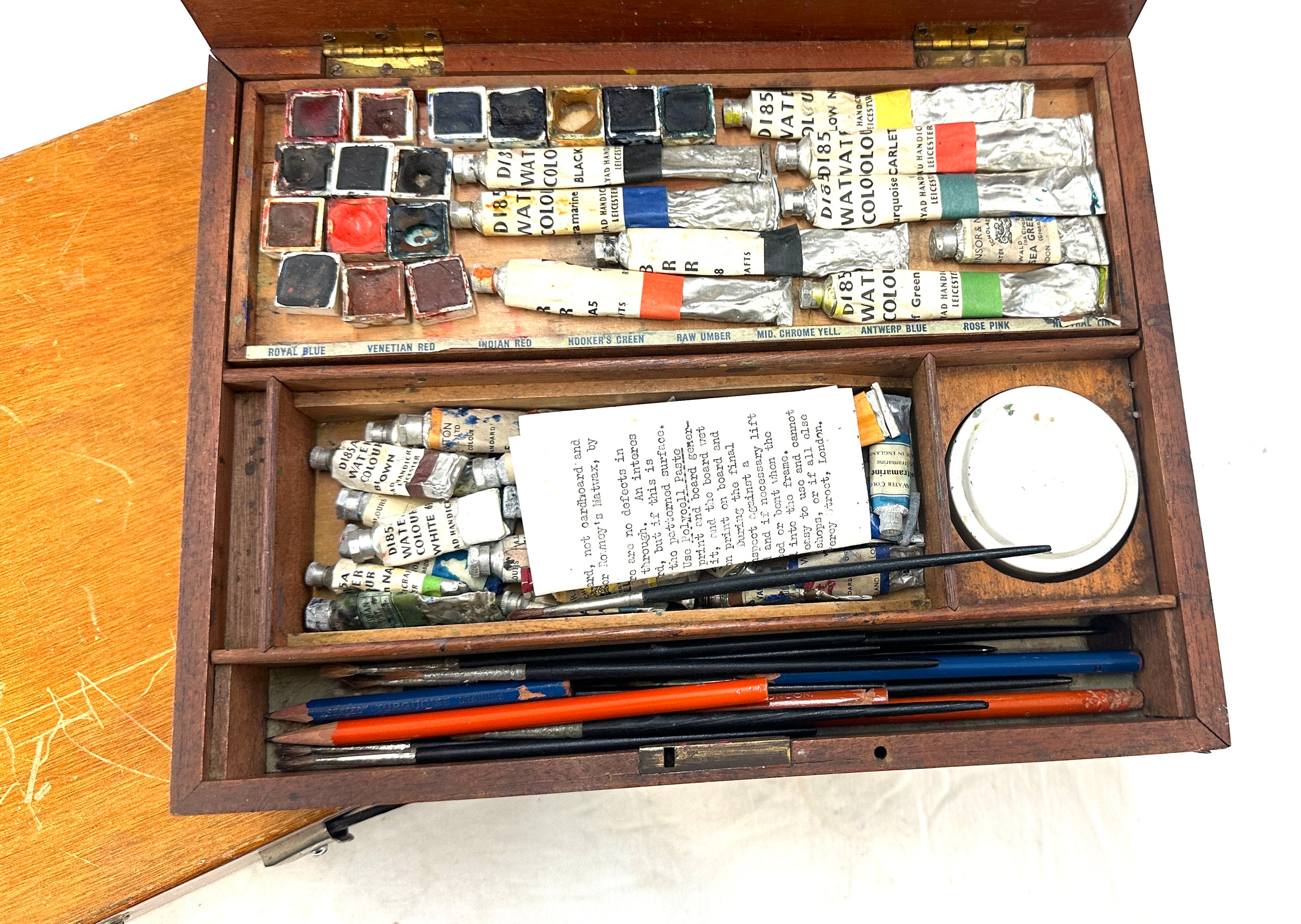 Two Vintage artist boxes and contents includes water colours, paint brushes etc - Image 4 of 5
