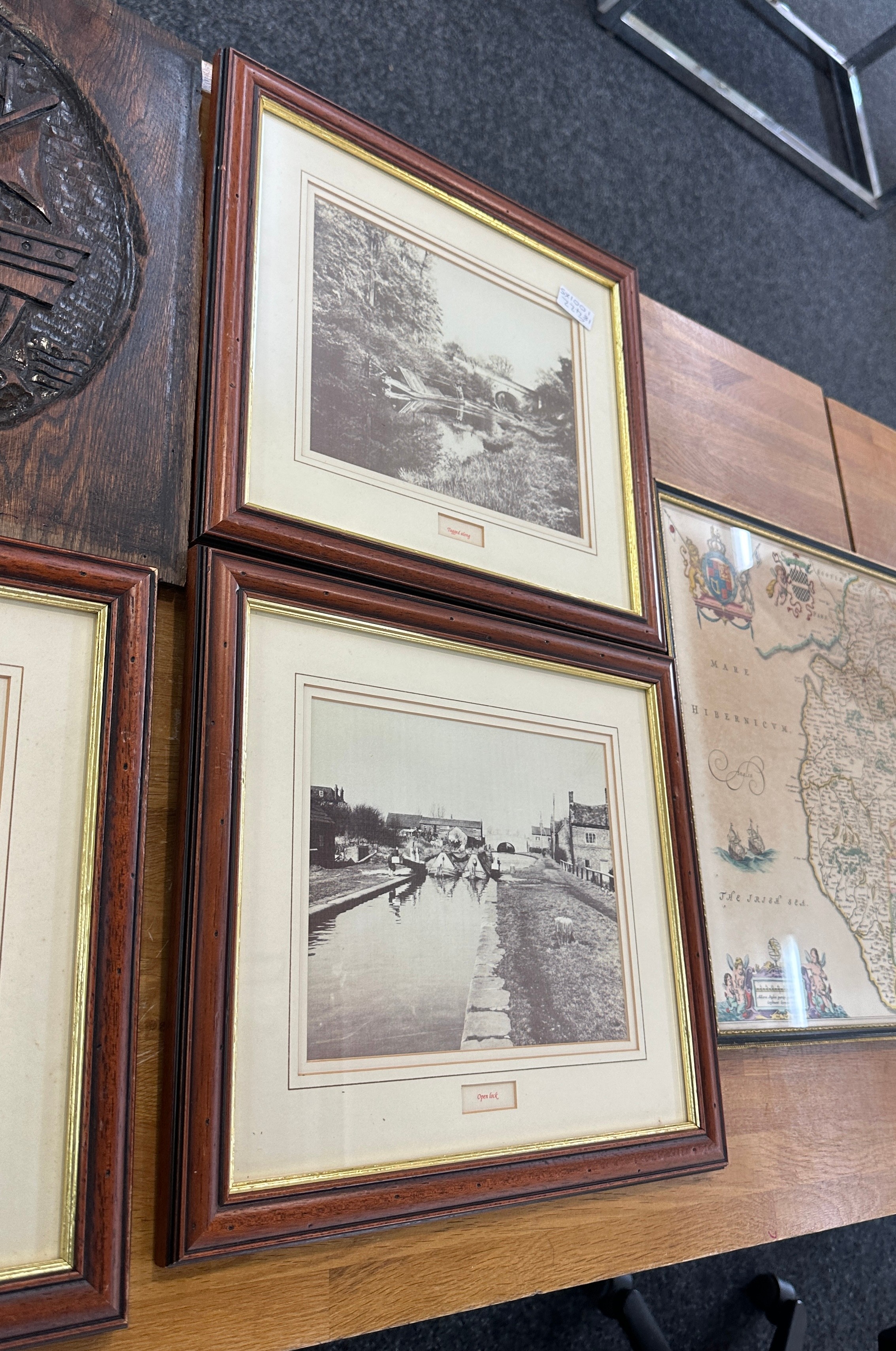 Selection of framed prints two include three matching scene prints, a map and a carved wooden plaque - Image 3 of 4