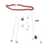 Silver jewellery to include rings, pendants, earrings and back coral necklace