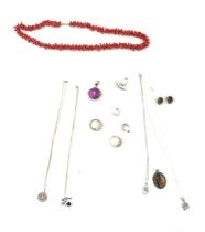 Silver jewellery to include rings, pendants, earrings and back coral necklace