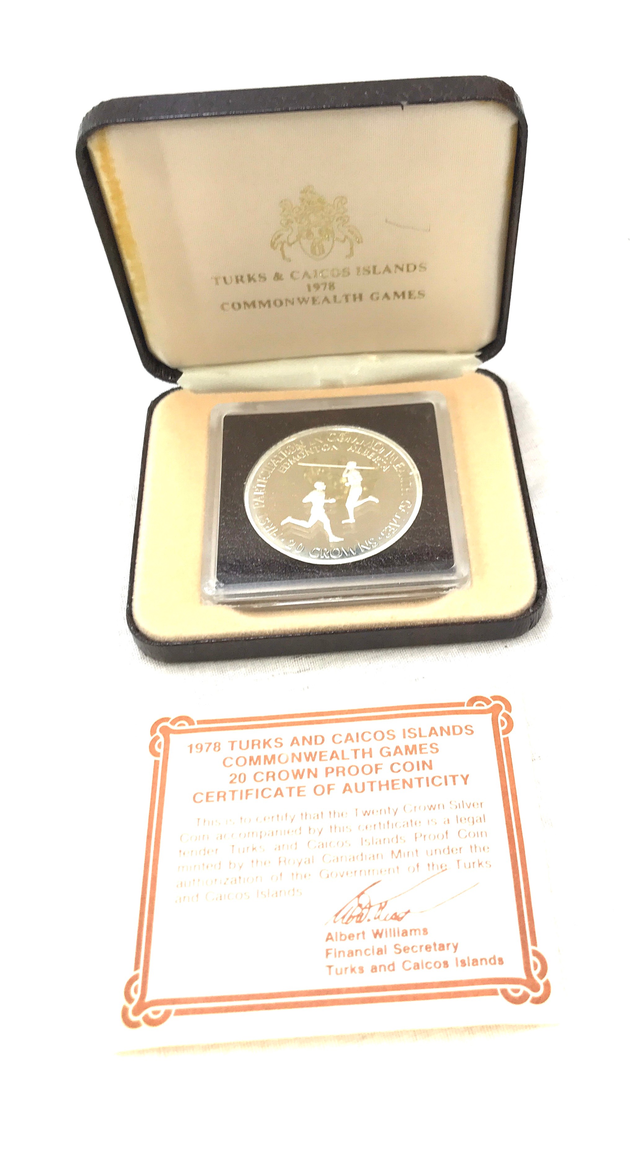 Cased 1978 Turks and Caicos Islands commonwealth games 20 crown silver proof coin with COA - Image 3 of 4