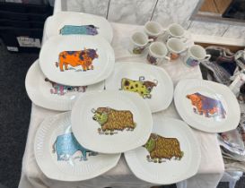 Selection Beefeater pottery to include steak plates, cups