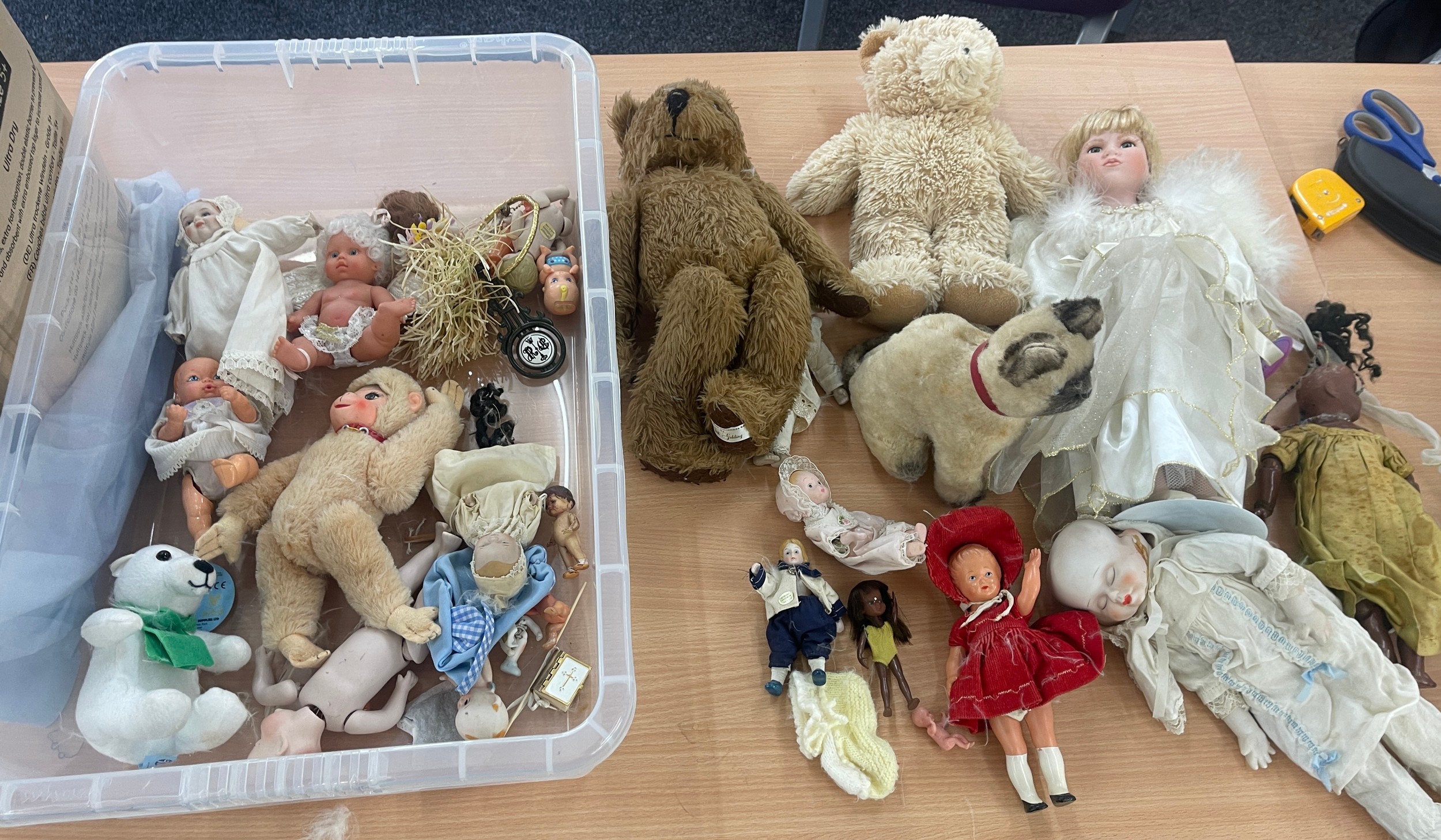 Large selection of assorted teddies and dolls includes Pot etc