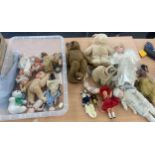 Large selection of assorted teddies and dolls includes Pot etc