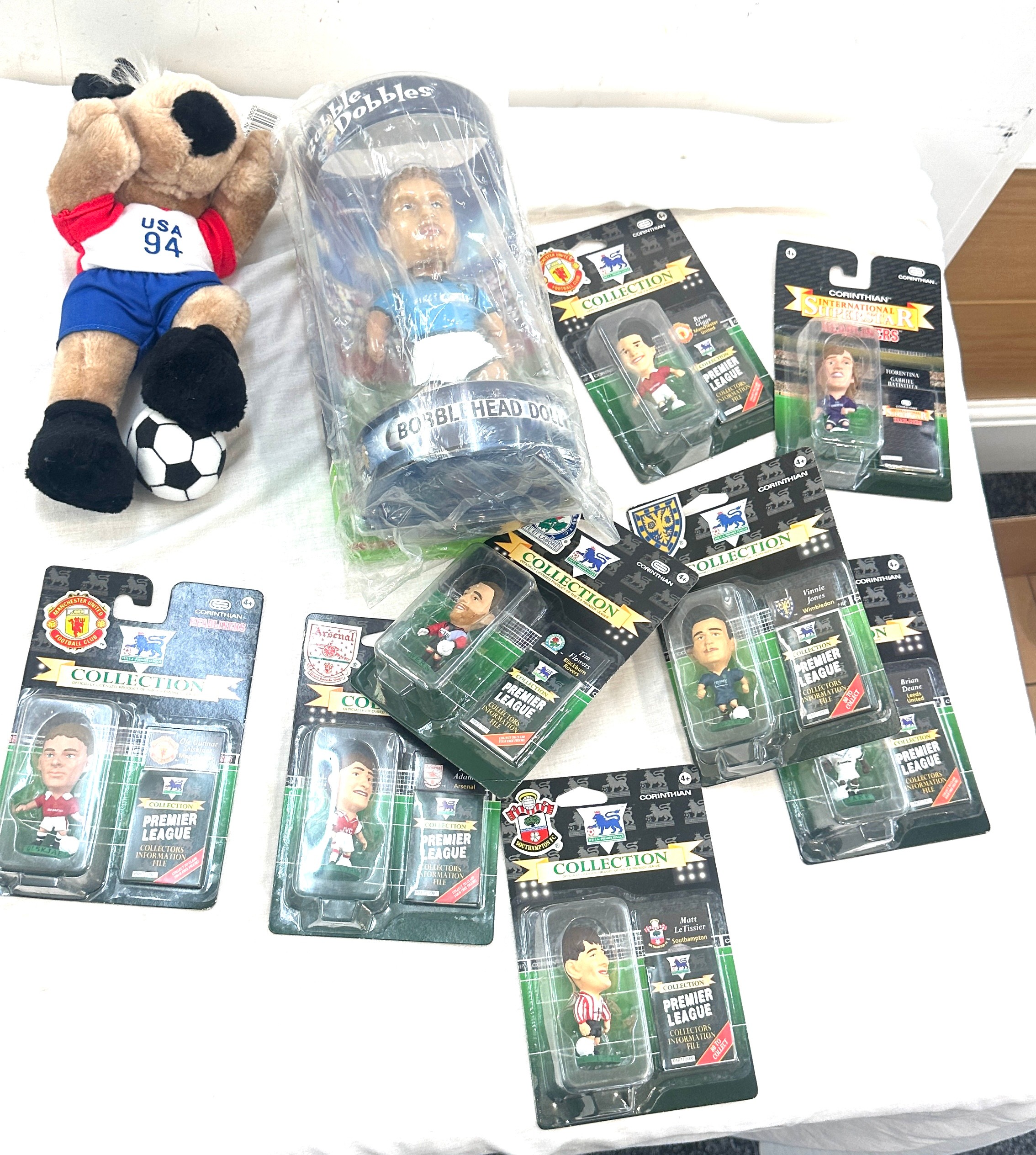 Selection of football characters, bobble head, Subbuteo 63000 set etc