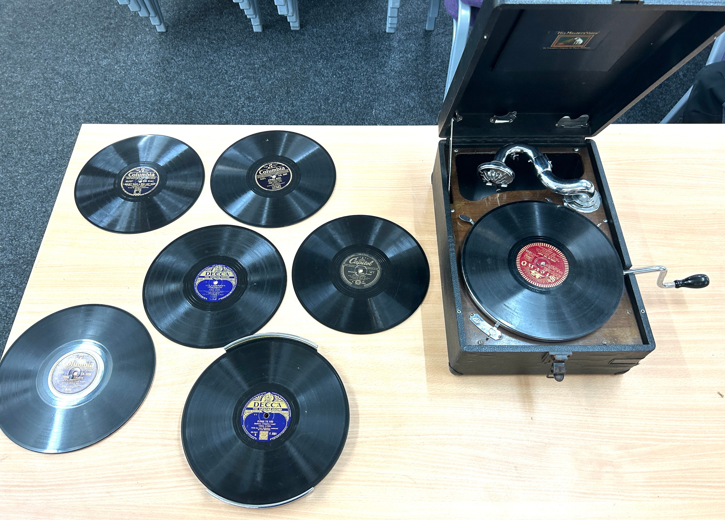 His Master's Voice grammar phone and a selection of shellac records