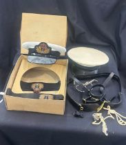 2 Vintage Navy hats, 1 boxed, with a selection of whistles, belts etc