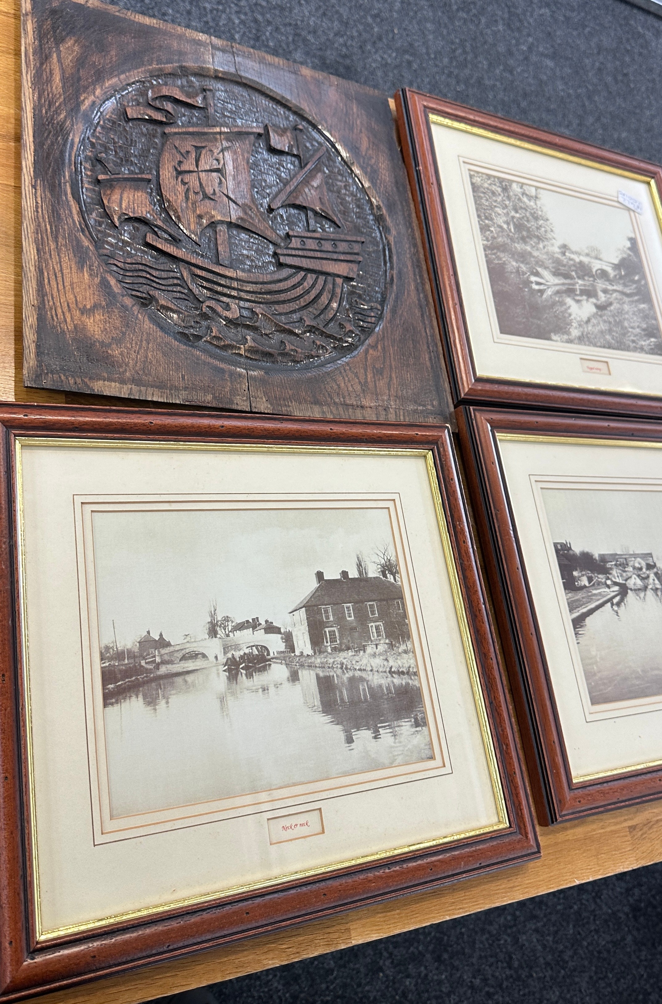Selection of framed prints two include three matching scene prints, a map and a carved wooden plaque - Image 2 of 4