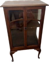 Mahogany two door Queen Anne display cabinet measures approx 46 inches tall, 47 wide and 18 deep