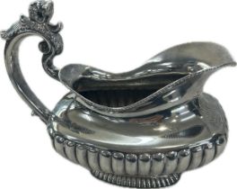 Antique silver sauce boat with engraved coat of arms, Lions head to handle, French Minervas head
