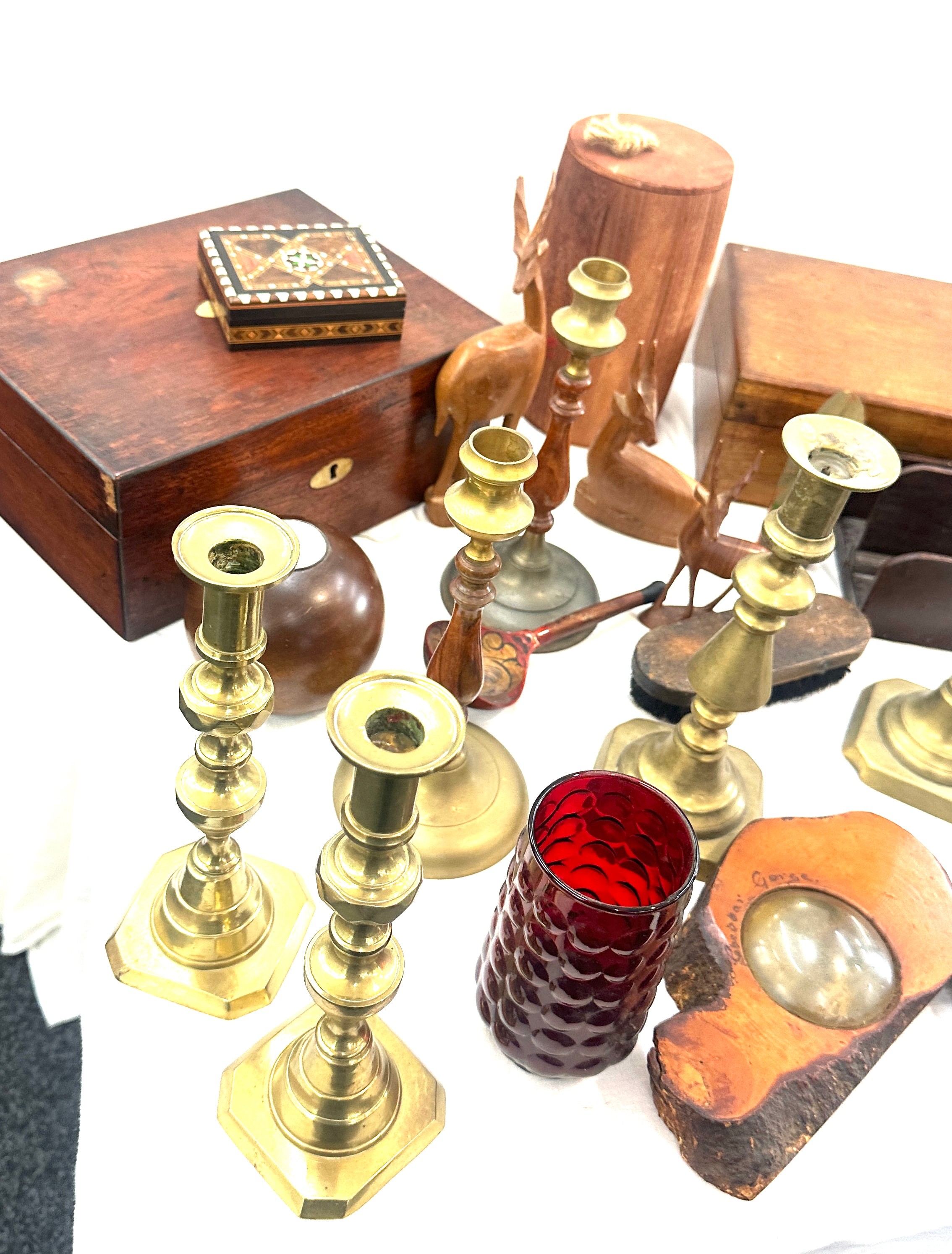 Selection of items to include wooden, brass candle tickets, writing box, selection wooden - Image 4 of 5