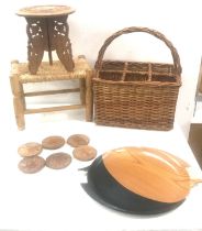 Selection of collectables includes wicker basket, trays, stool etc