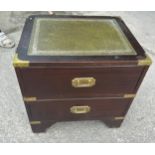 leather topped two drawer campaign chest measures approx 18 inches tall, 18 wide, 15 deep