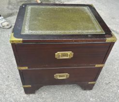 leather topped two drawer campaign chest measures approx 18 inches tall, 18 wide, 15 deep