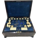 Rosewood sewing box, brass inlay with ivory sewing accessories (Clamps, Bobbins etc) working lock