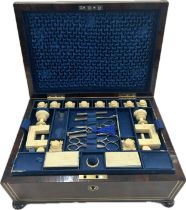 Rosewood sewing box, brass inlay with ivory sewing accessories (Clamps, Bobbins etc) working lock
