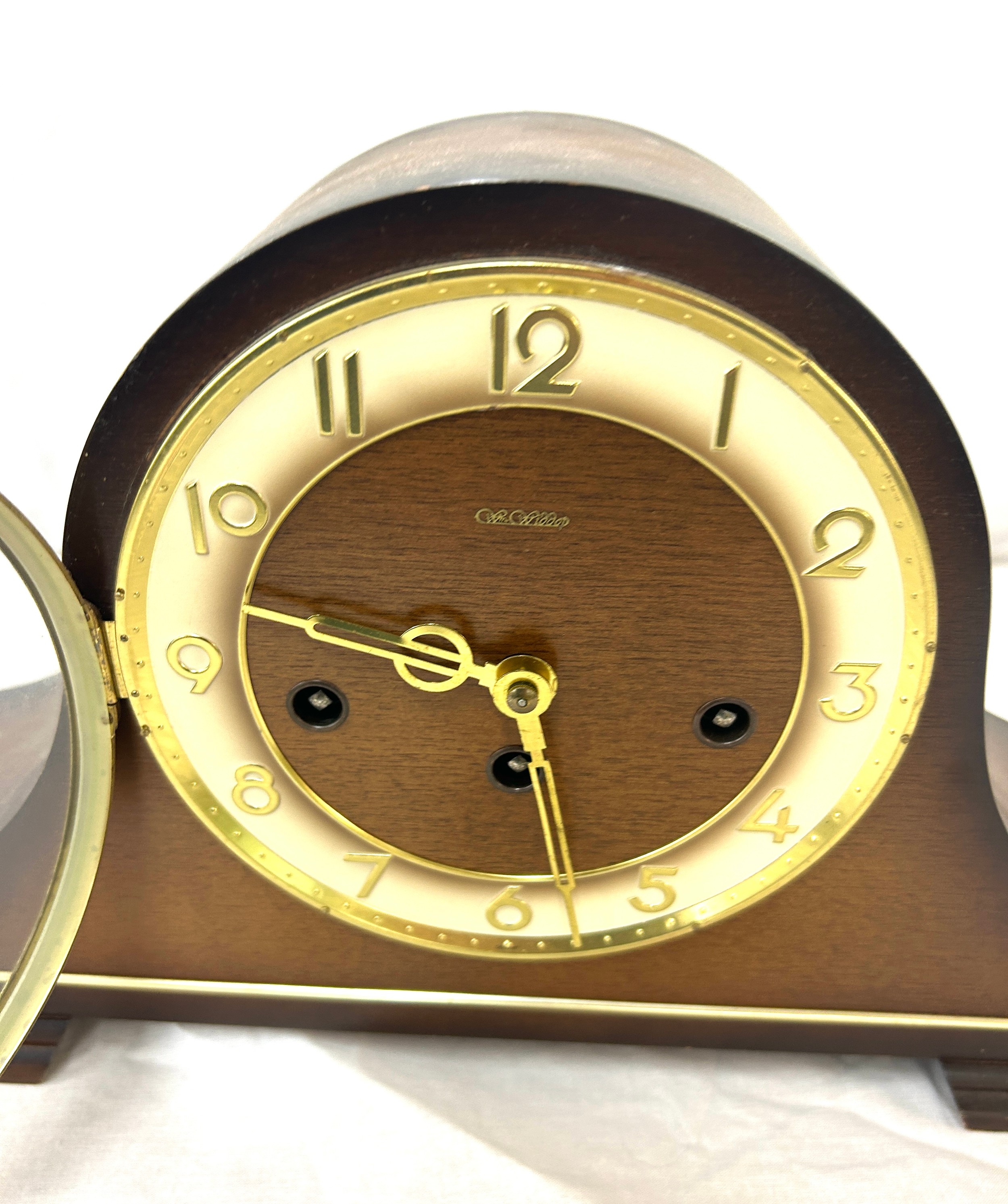 Vintage three key mantel clock with key measures approx 9 inches tall by 17 inches wide, untested - Image 2 of 4