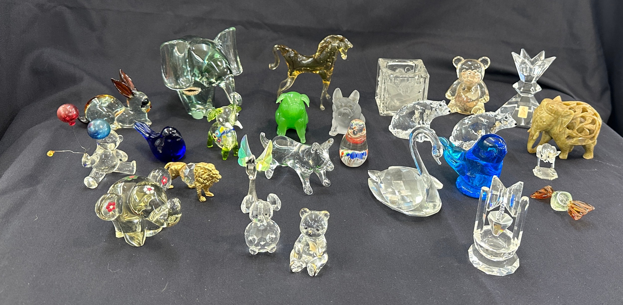 Large selection of assorted glass animals includes paper weights etc