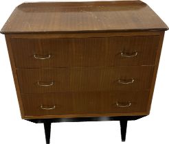 Teak reto three drawer chest measures approx 31 inches tall, 30 wide and 16 deep