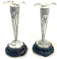 Antique Chinese export silver vases by renowned silversmith Luen Wo, on intricately carved wooden