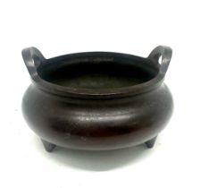 3 Legged metal 2 handled censor Chinese bowl, marks to base 4 inches tall 5 inches diameter