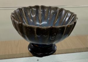 Oriental glazed bowl on stand - no marks to base - measures approx 3 inches tall ( on stand ) and