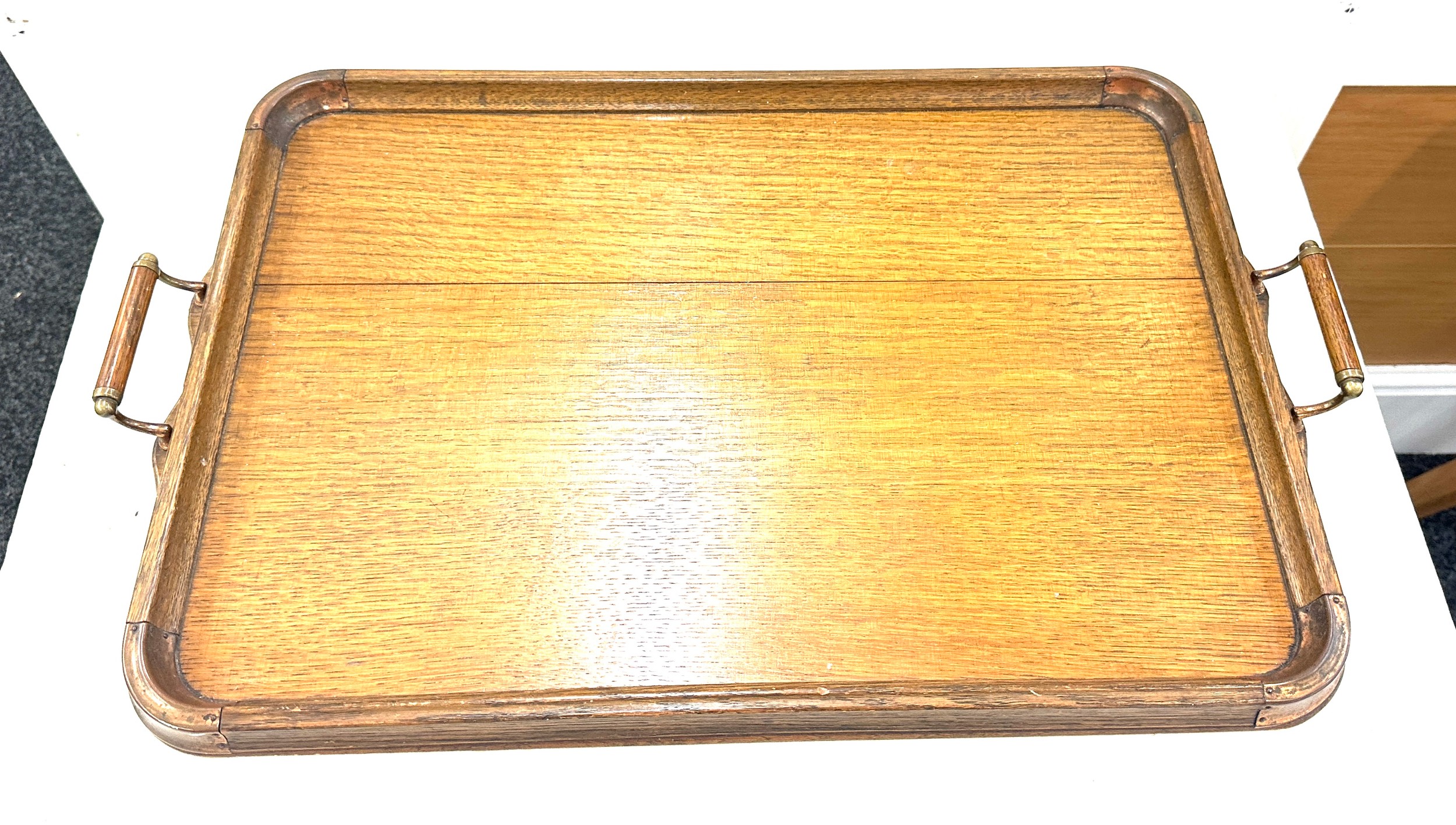 Antique 2 handled copper bound serving tray 23 inches wide by 16.5 inches - Image 2 of 3