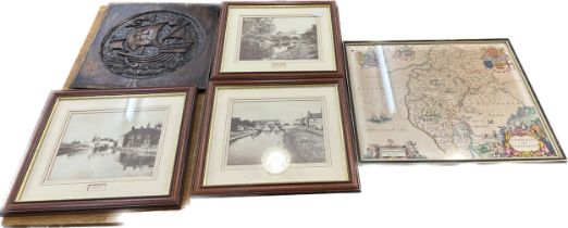 Selection of framed prints two include three matching scene prints, a map and a carved wooden plaque