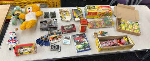 Selection of vintage and later toys to include Corgi race car, Japanese tin tank, Pelham puppet etc