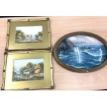 Three gilt framed pictures, one is convex largest measures approximately 22 inches by 16 inches