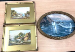 Three gilt framed pictures, one is convex largest measures approximately 22 inches by 16 inches