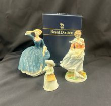 Royal Doulton lady figures Tina HN3494, Almost Grown HN3425, Old Country Ways lady