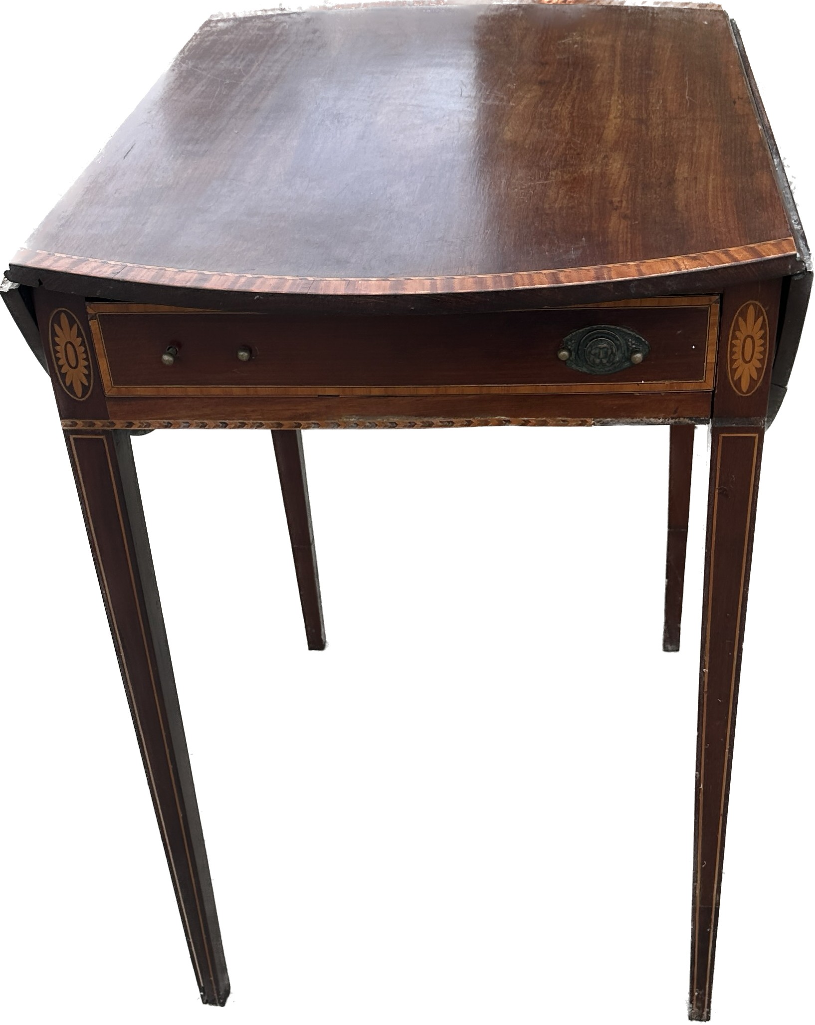 Mahogany inlaid drop leaf table with drawer measures approx with leaf down 29 inches tall by 20 wide