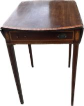 Mahogany inlaid drop leaf table with drawer measures approx with leaf down 29 inches tall by 20 wide