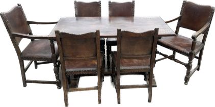 Oak antique refectory table and 6 leather and oak chairs table measures approx 30 inches tall, 54