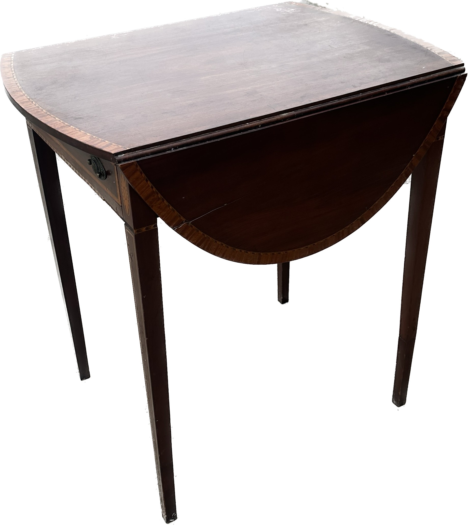 Mahogany inlaid drop leaf table with drawer measures approx with leaf down 29 inches tall by 20 wide - Image 2 of 2