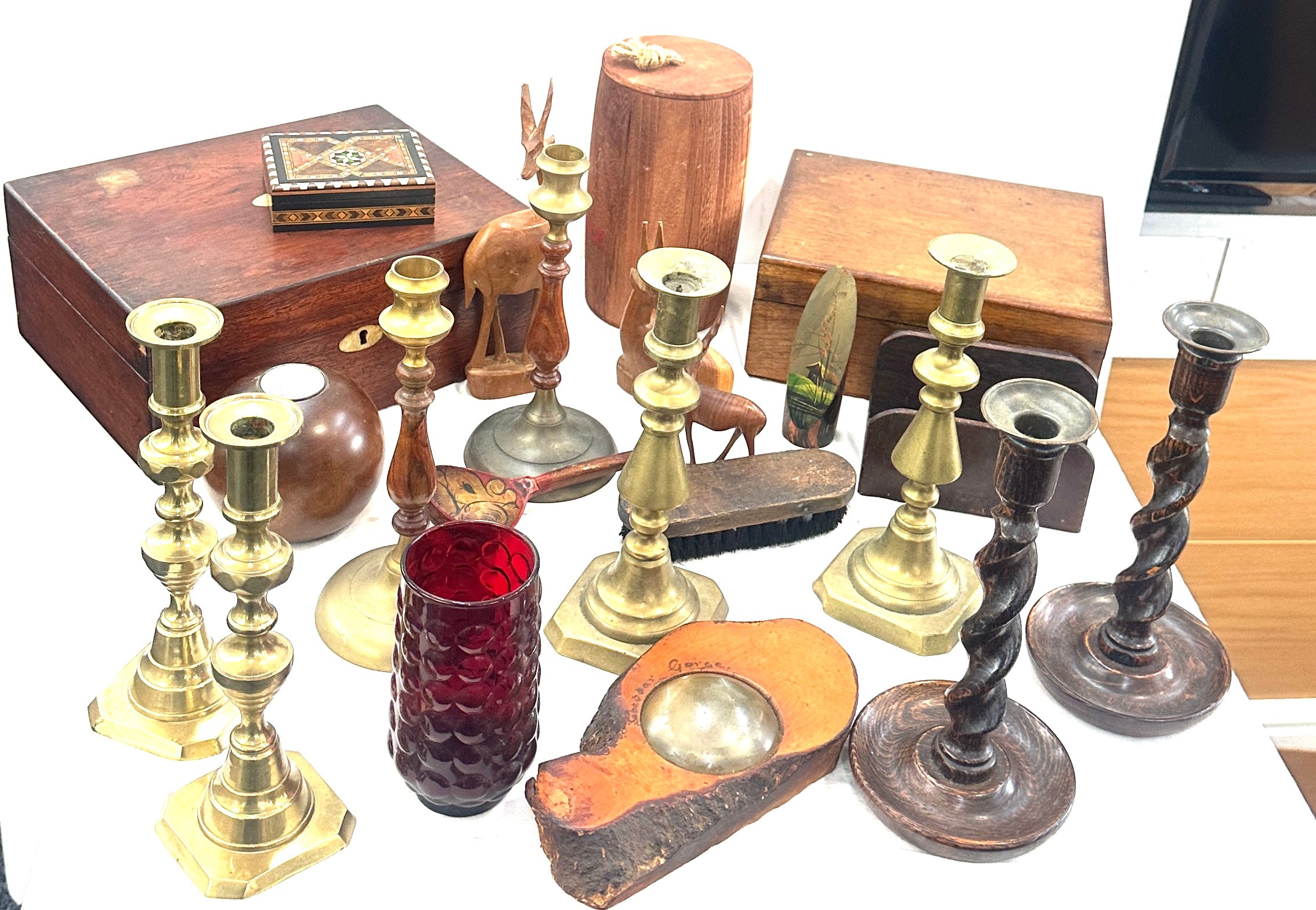 Selection of items to include wooden, brass candle tickets, writing box, selection wooden