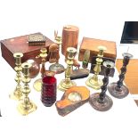 Selection of items to include wooden, brass candle tickets, writing box, selection wooden
